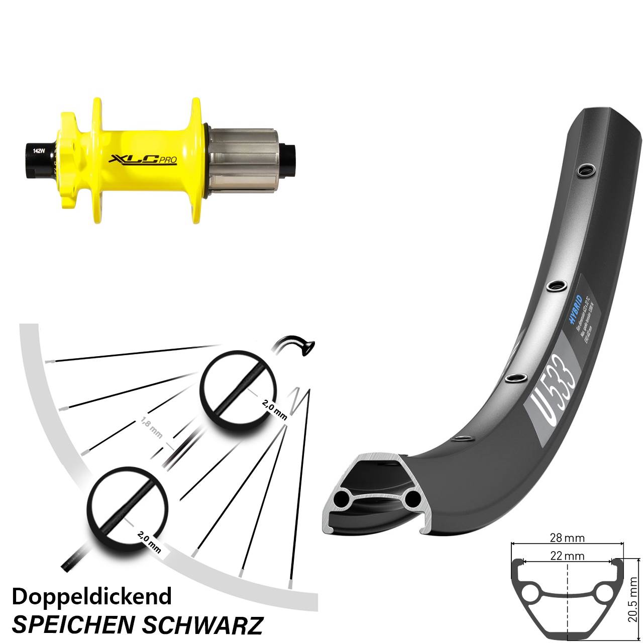 DT Swiss U 533 XLC gelb 26 Zoll Hinterrad 6-Loch 12x142 8-11 fach HG