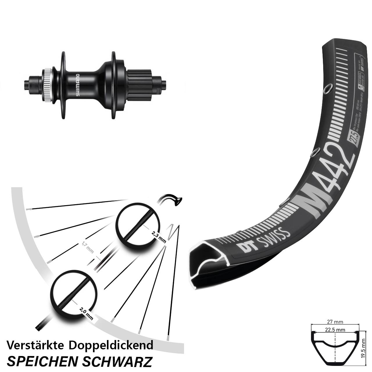 DT Swiss M442 Shimano FH-MT500 28-29 Zoll Hinterrad Centerlock QR Micro Spline