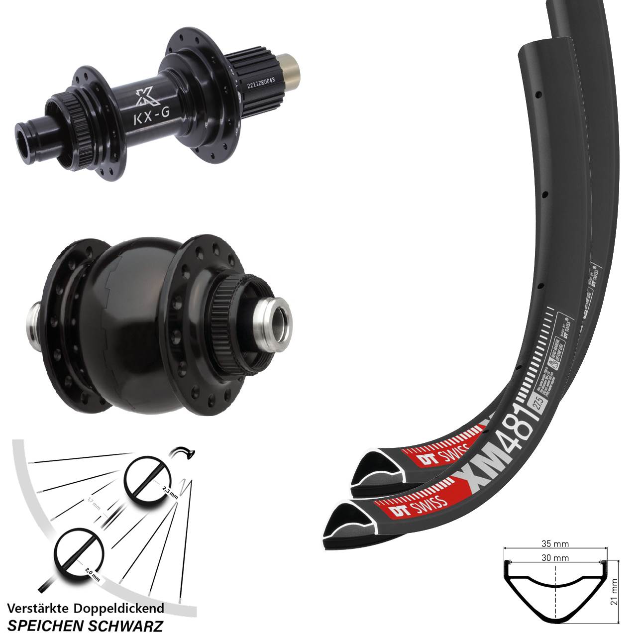 27,5 Zoll DT Swiss XM481 KX-G Steckachse SONdelux Disc Laufradsatz 12x100/142 Micro Spline