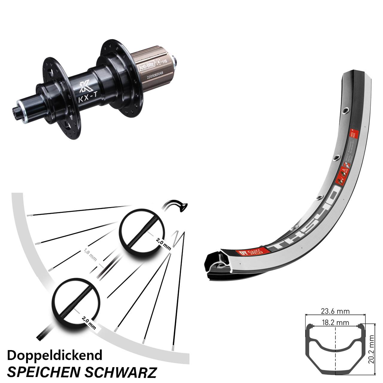 schwarzes 28 Zoll Laufrad DT Swiss TK 540 KX-T Nabe 135 mm 8-11 fach