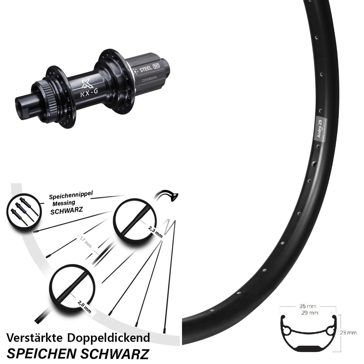 Ryde Andra 29 KX-GS Stahl Freilauf 27,5 Zoll Disc Hinterrad 12x142 8-12 fach