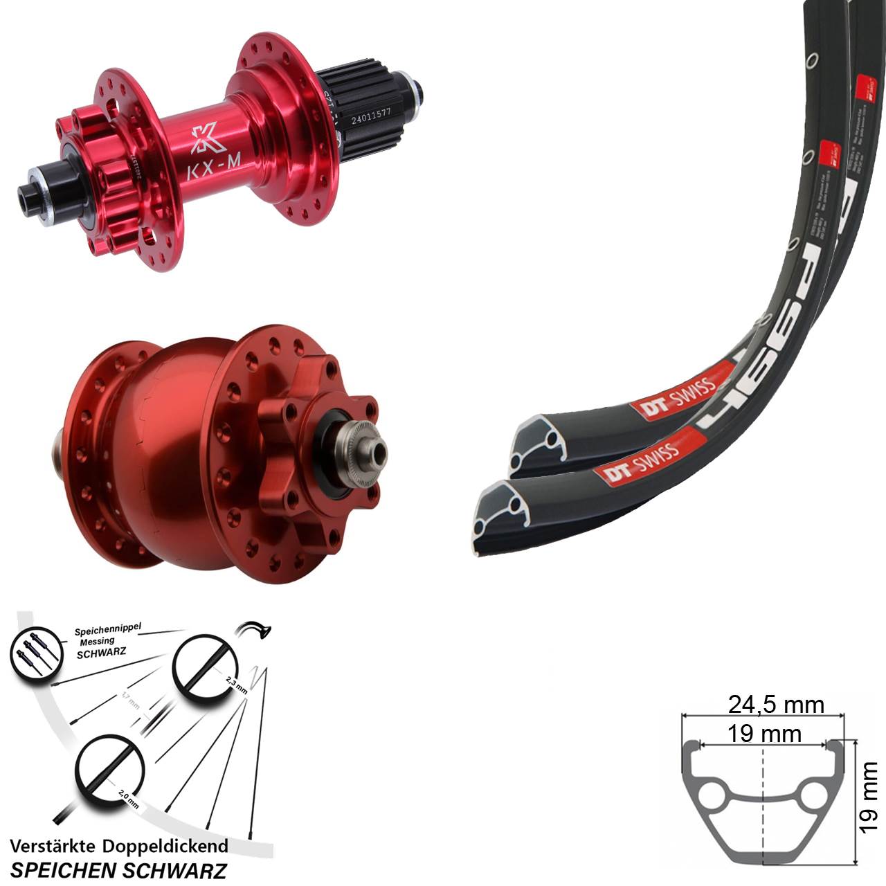Laufradsatz 6-Loch QR DT Swiss 466d KX-M rot SON 28 Zoll rot Shimano Micro Spline