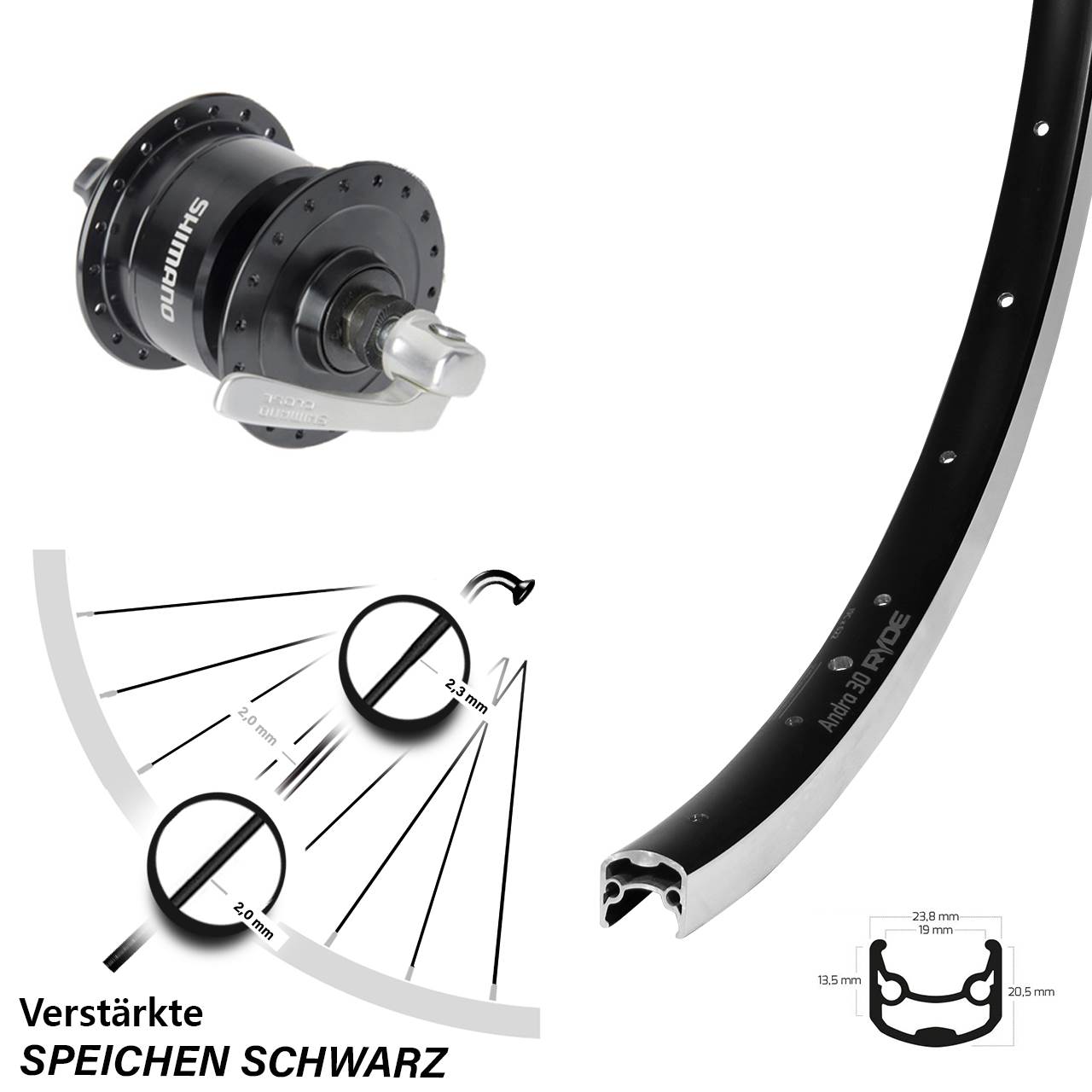 Vorderrad mit Nabendynamo für Schnellspanner 26 Zoll Ryde Andra 30 Shimano DH-3N72