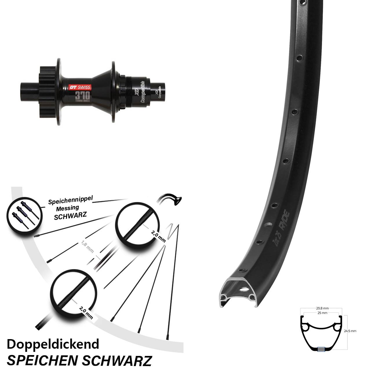 Disc Hinterrad 12x142 28 Zoll Ryde ZAC 25 DT Swiss 370 SRAM XD
