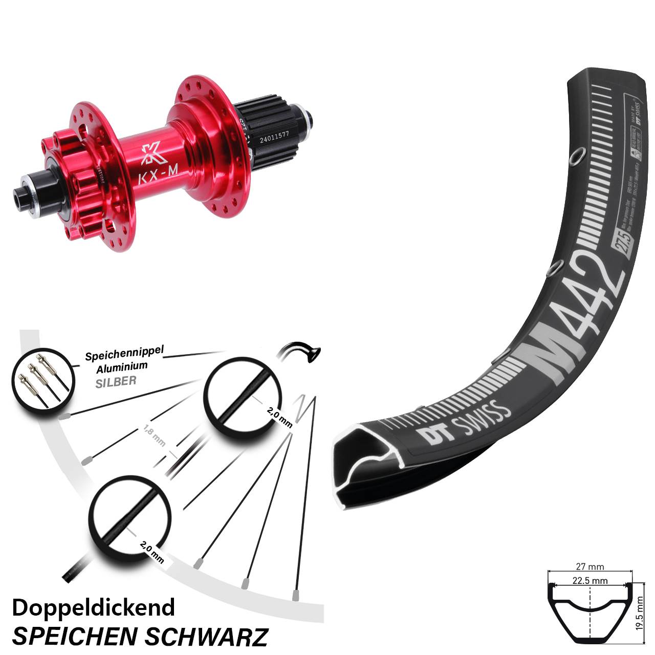 28 Zoll DT Swiss M442 KX-M rot Disc Laufrad für Schnellspanner Shimano Micro Spline