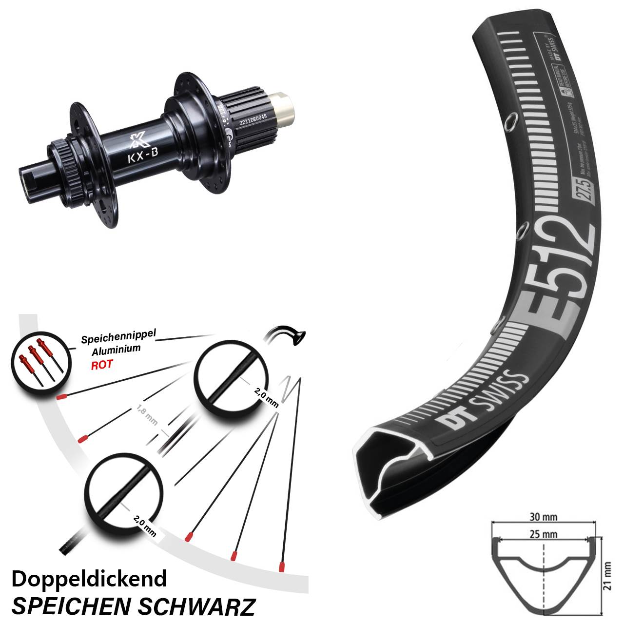 Hinterrad 27,5 Zoll DT Swiss E 512 KX-B Centerlock Micro Spline 12x148