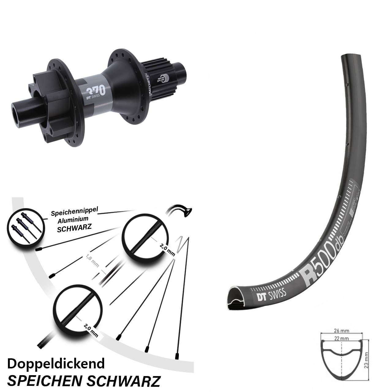 28 Zoll DT Swiss 370- R500 DB Hinterrad 6-Loch Disc Micro Spline 12x142
