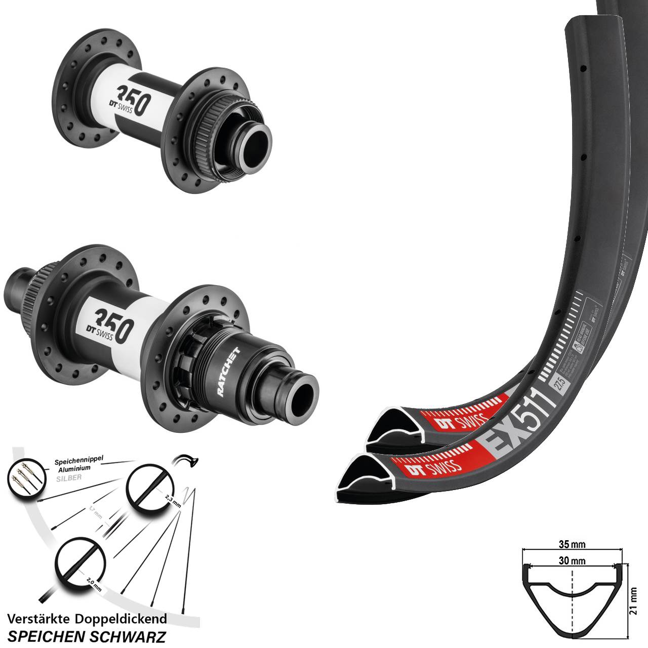 27,5 Zoll DT Swiss EX511-350 Disc Laufradsatz 15x100 12x142 SRAM XD