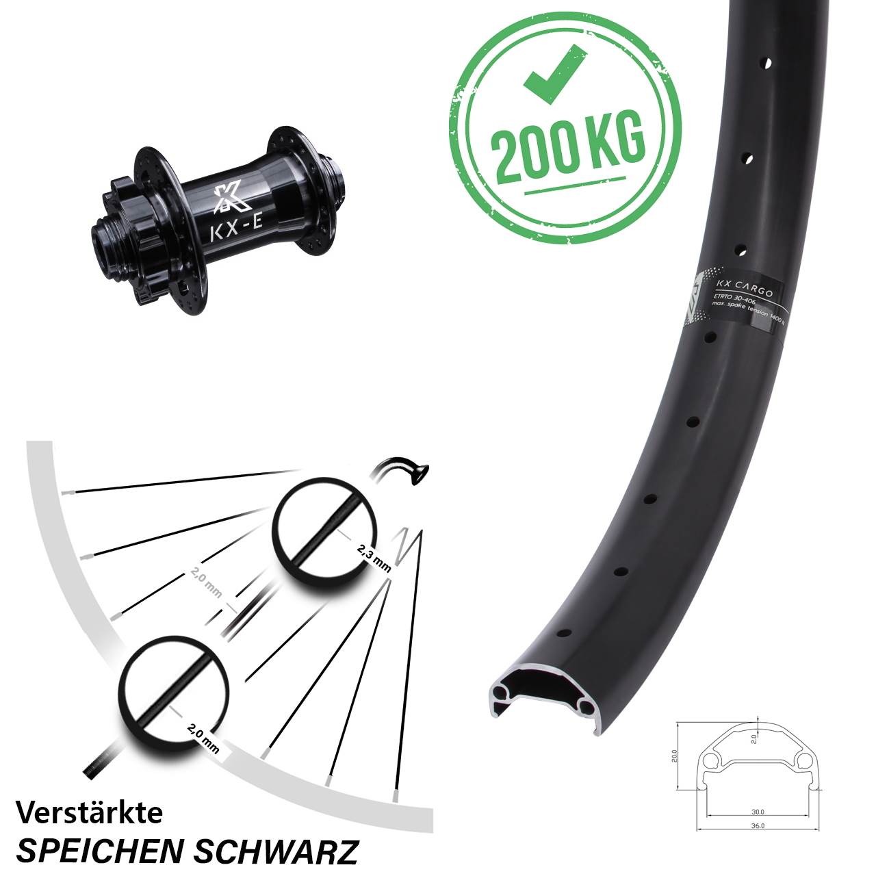 KX-E Cargo Disc-Vorderrad 26 Zoll breit 4-fach gelagert verstärkt 15x100 mm Lastenrad