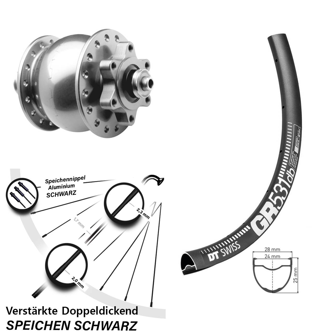 SON 28 Zoll DT Swiss GR531 Disc Laufrad mit Nabendynamo für Schnellspanner
