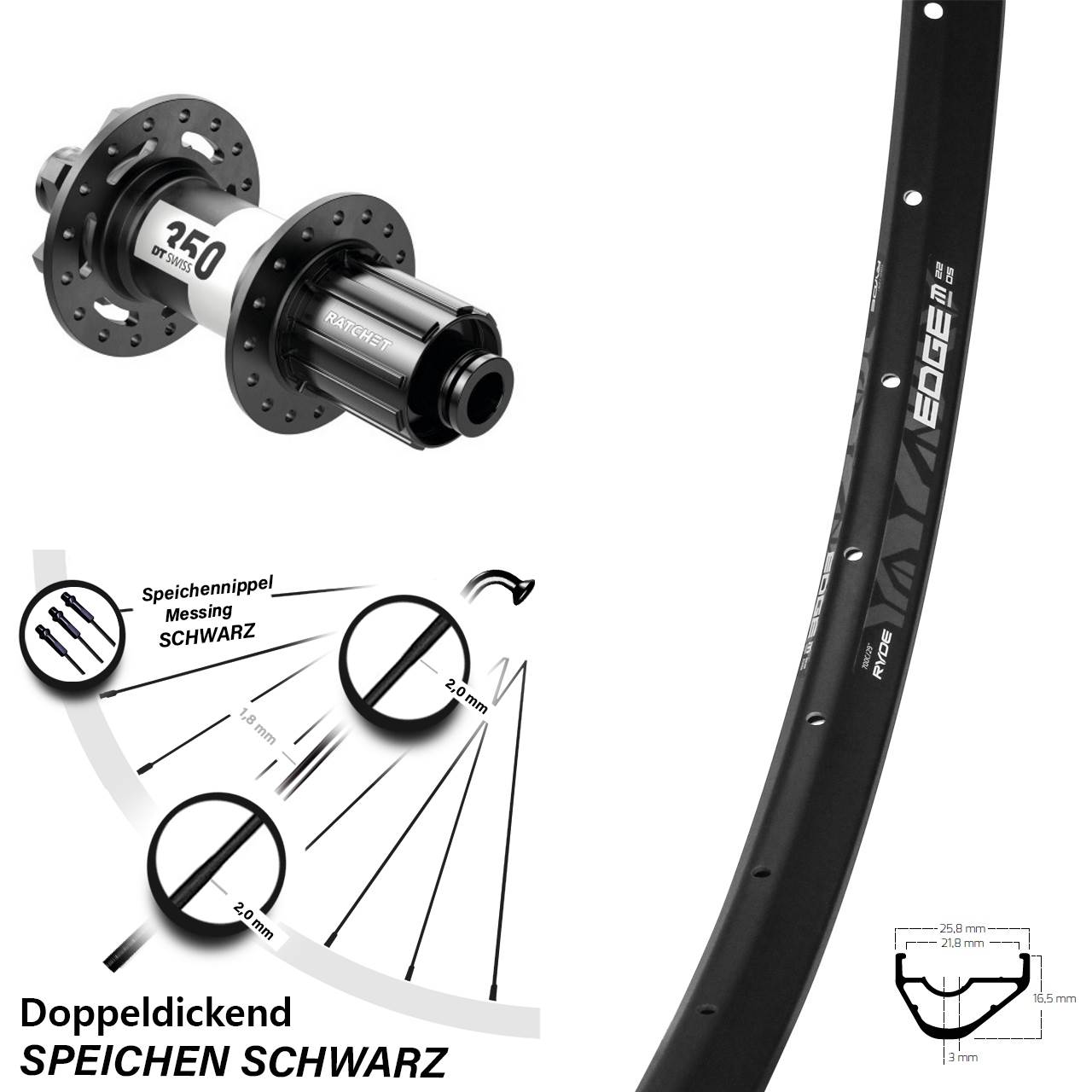 Ryde Edge M22 DT Swiss 350 28 Zoll Disc Hinterrad 12x148 Boost 8-11 fach HG