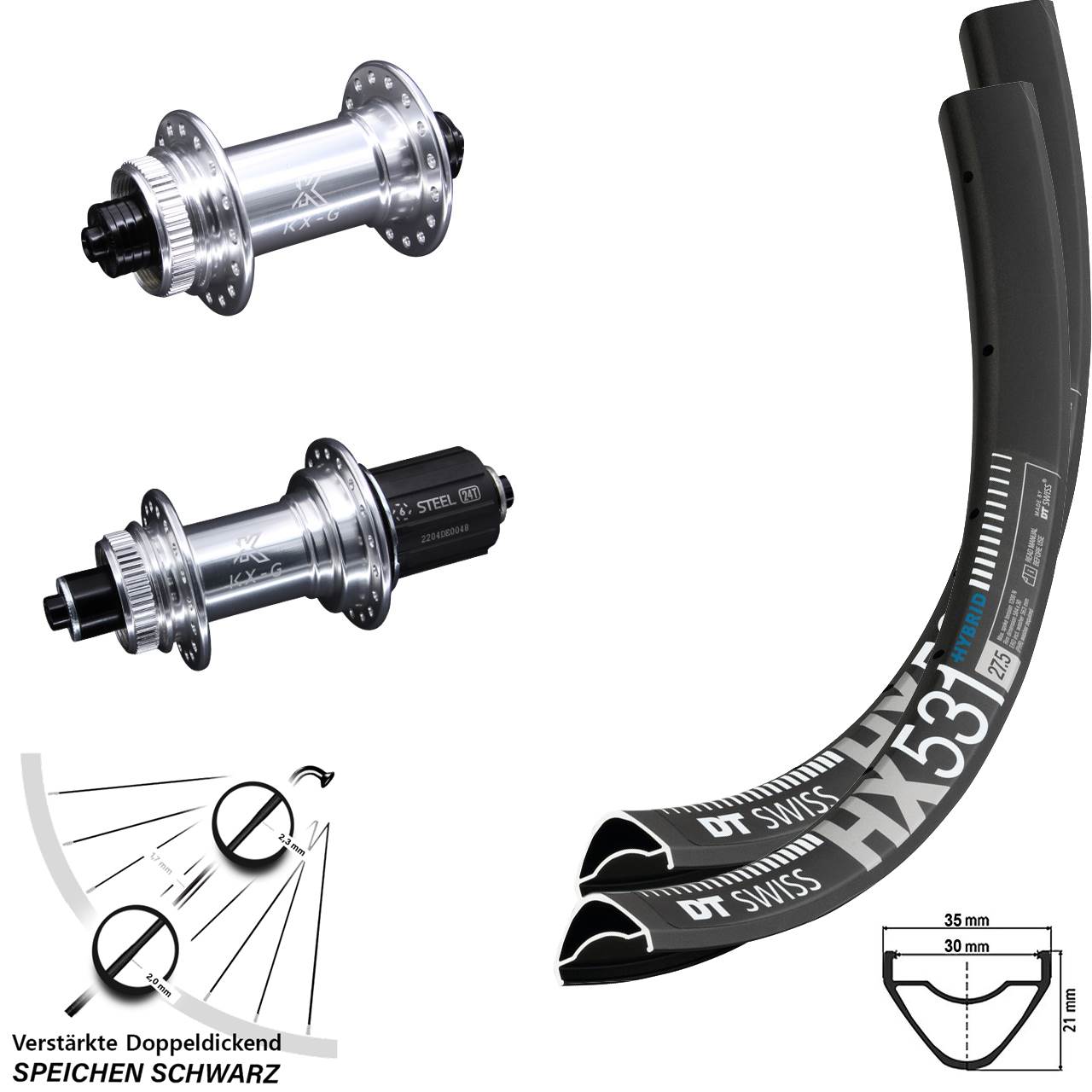 Laufradsatz Centerlock QR 29 Zoll DT Swiss HX531 KX-GS verstärkt 8-12 fach