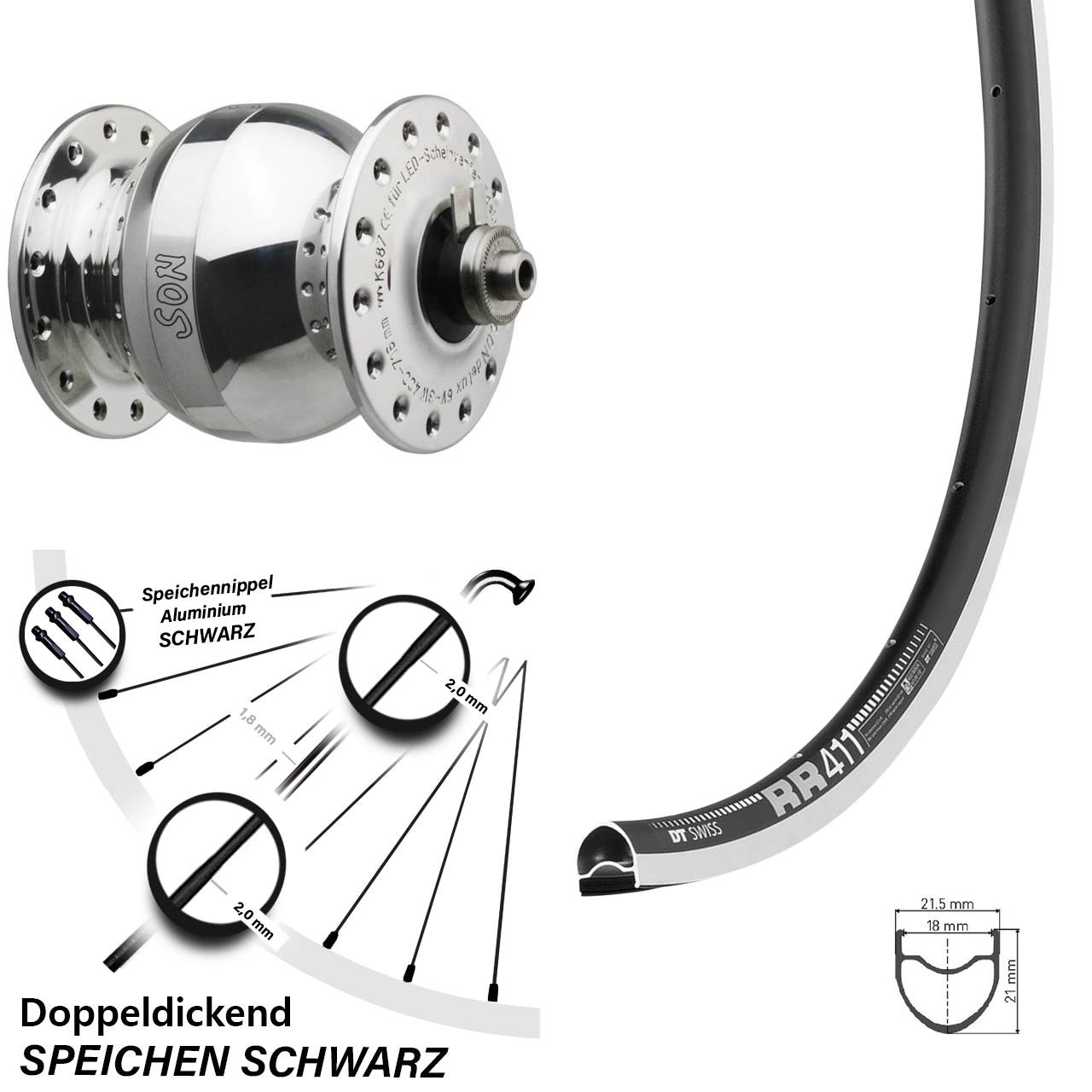 Vorderrad 28 Zoll DT Swiss RR 411 Felgenbremse Dynamo SON delux Wide Body