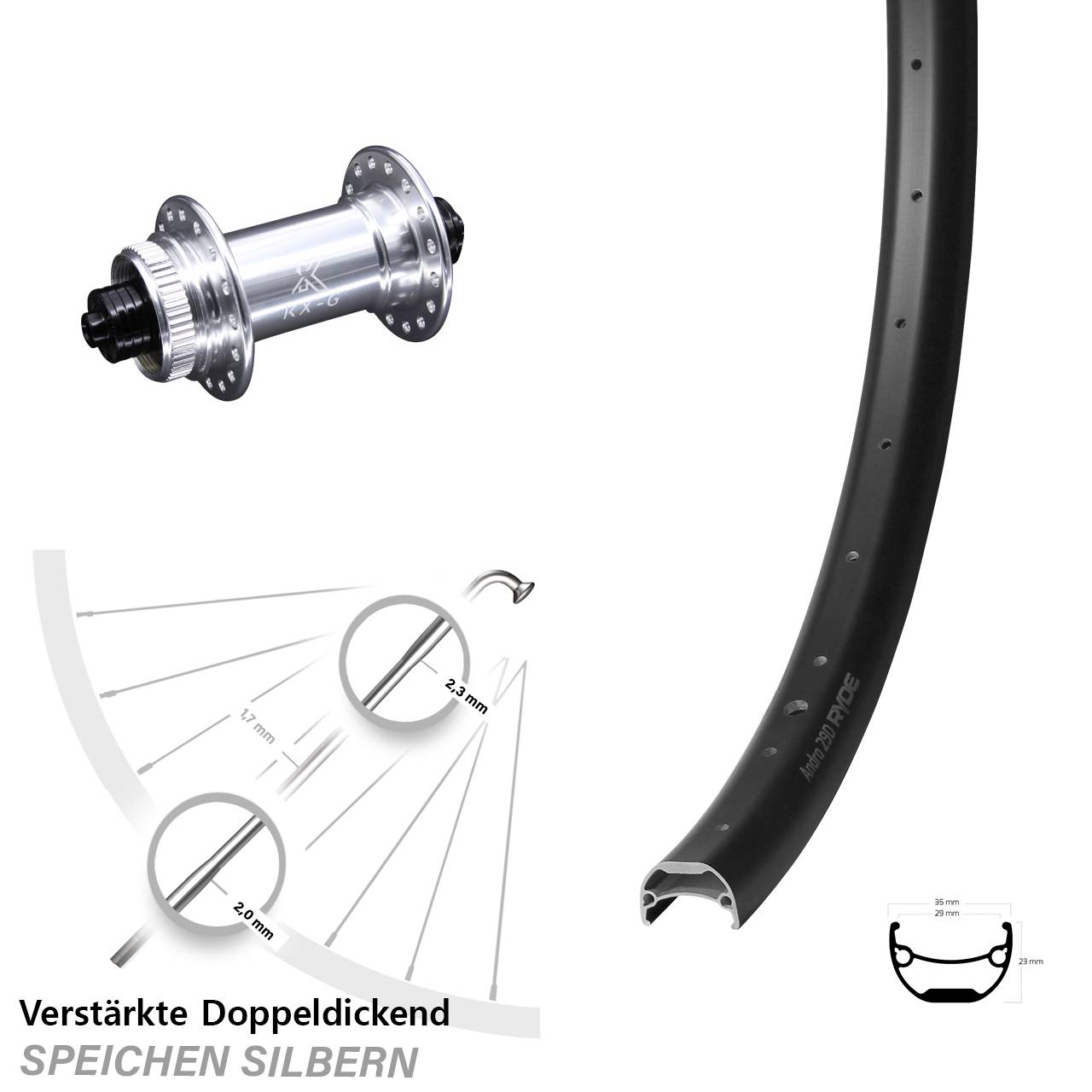Ryde Andra 29-622 ETRTO E-Bike Vorderrad KX-G silbern 5x100 mm Centerlock