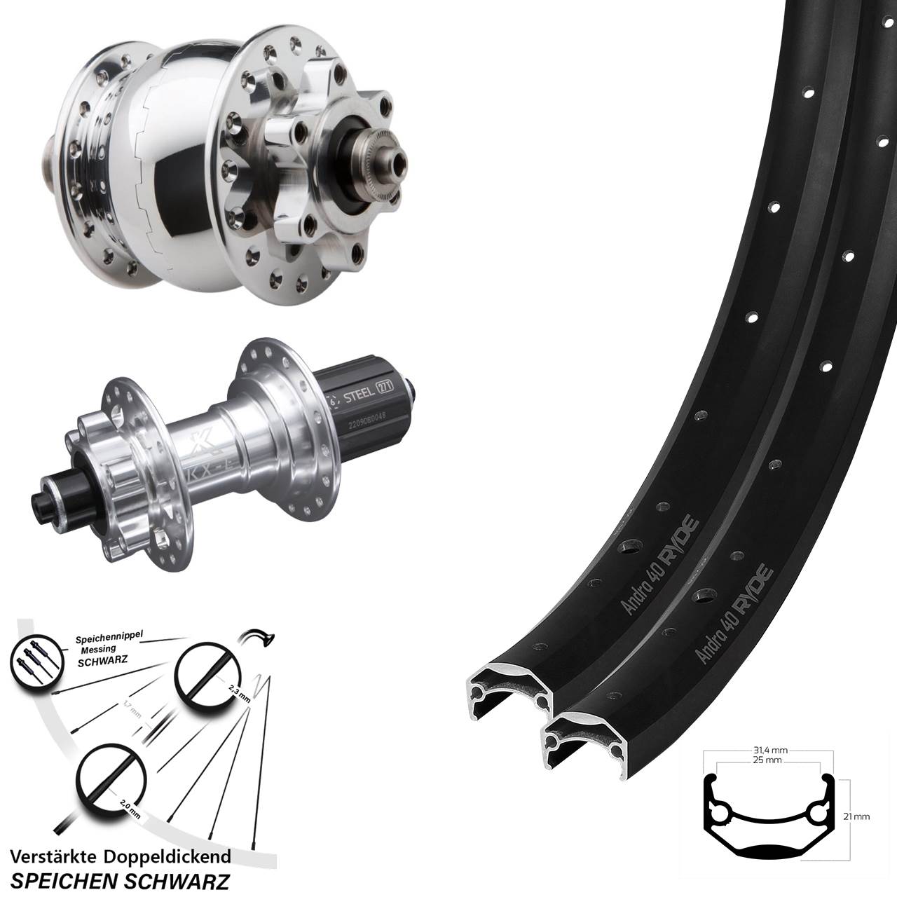 27,5 Zoll Ryde Andra 40 Disc KX-E Heavy Duty SON 28 Disc Laufradsatz QR 8-12 fach HG