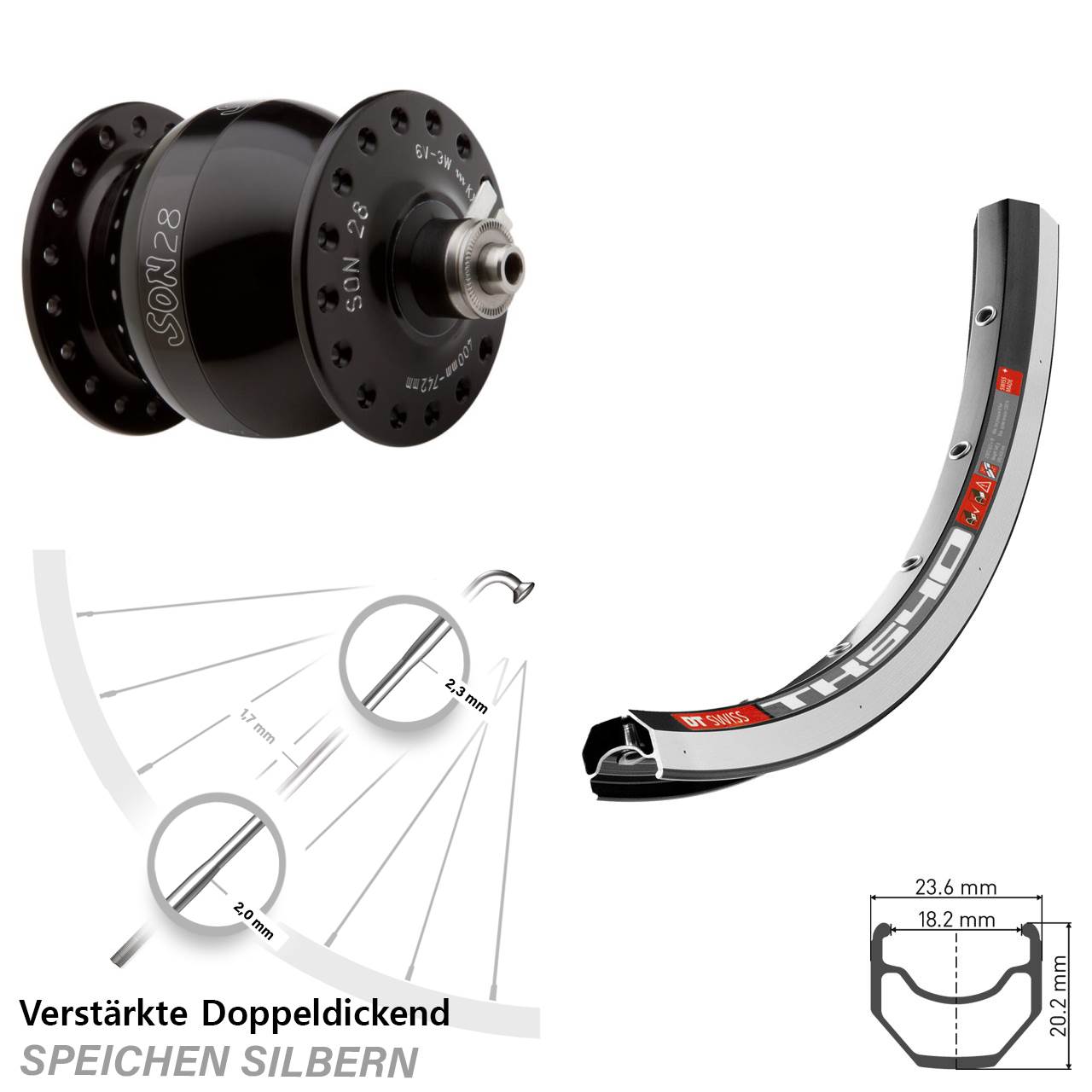 Nabendynamo-Vorderrad DT Swiss TK 540 SON 28 Zoll für Schnellspanner