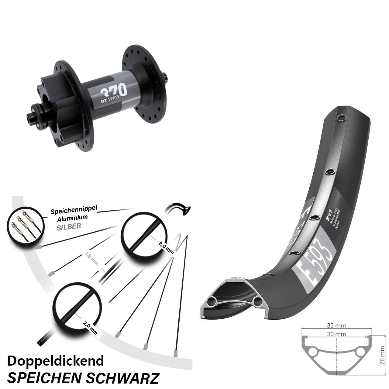 DT Swiss E 593-370 27,5 Zoll Vorderrad 6-Loch für Schnellspanner