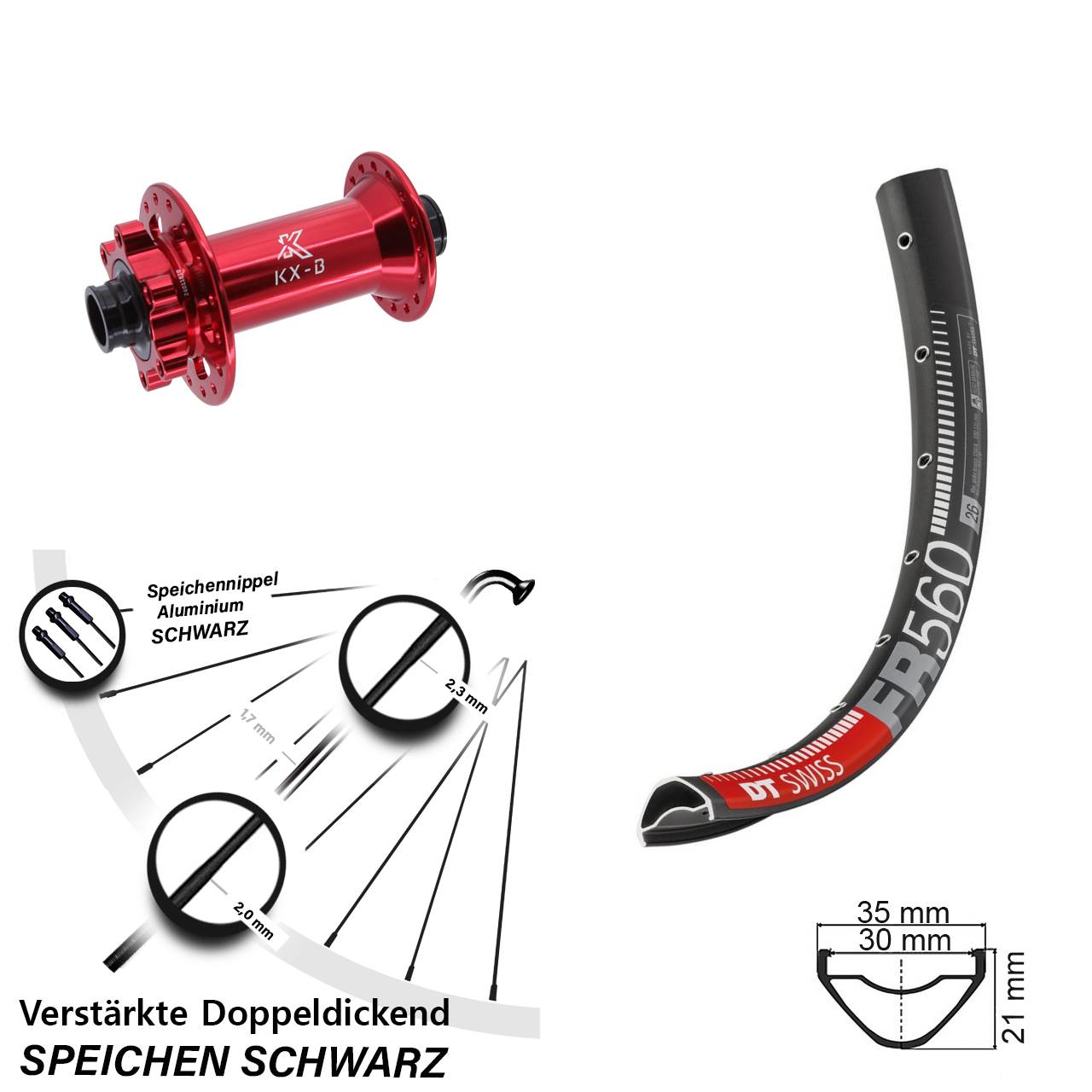 Vorderrad 6-Loch 26 Zoll DT Swiss FR560 KX-B rot 15x110 Boost