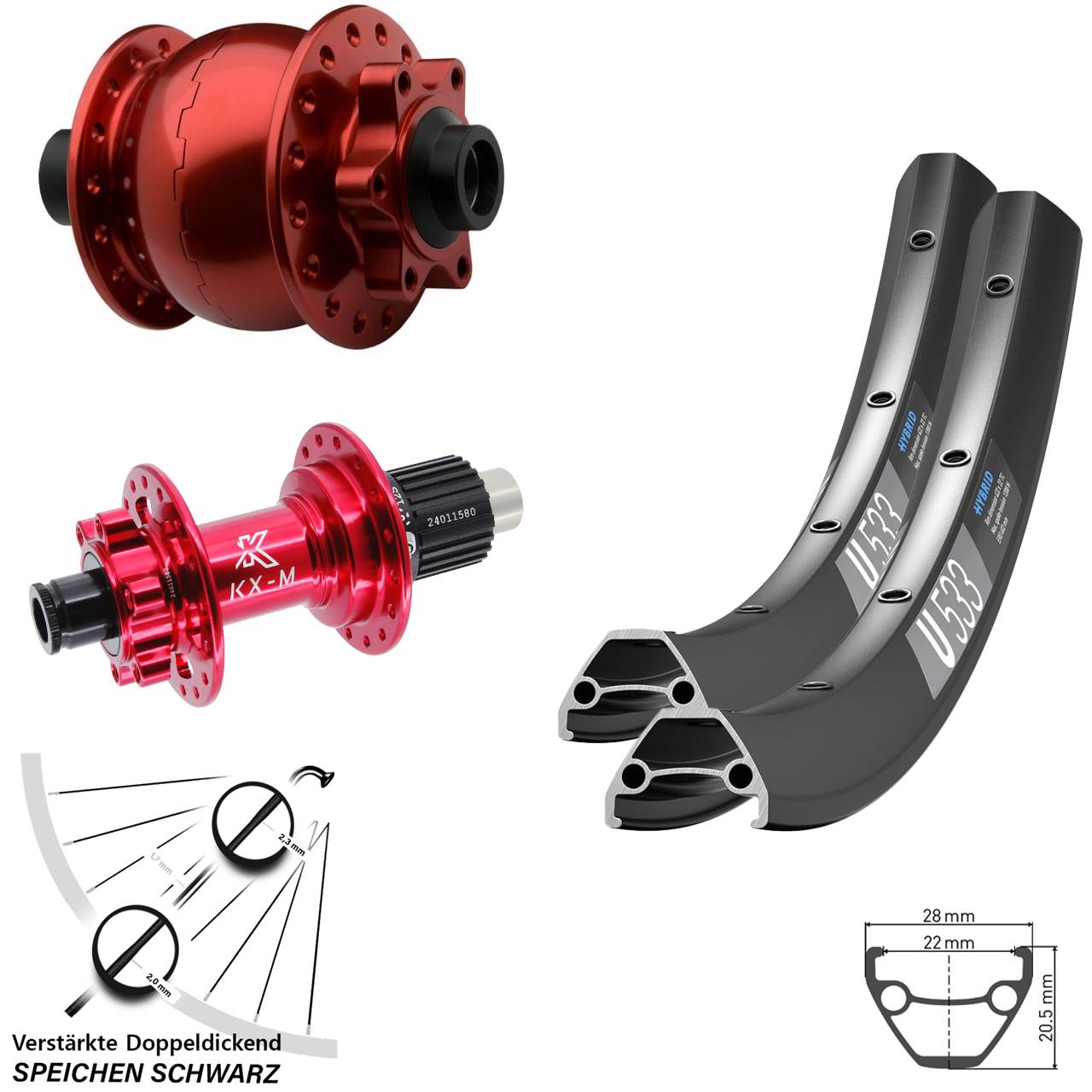 26 Zoll DT Swiss U533 SON 28 rot KX-M Micro Spline Disc Laufradsatz 15x100/12x142