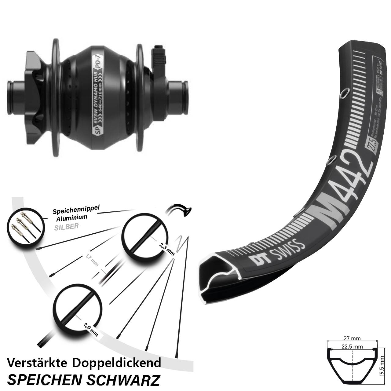 Disc Vorderrad mit Nabendynamo 29 Zoll DT Swiss M 442 Shutter Precision PD-7 12x100