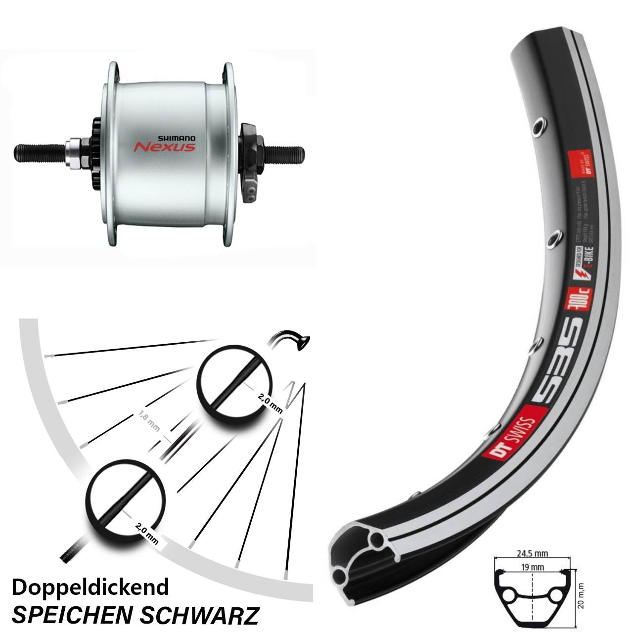 Nabendynamovorderrad Vollachse 28 Zoll DT Swiss 535 Shimano DH-C6000-3R Nexus