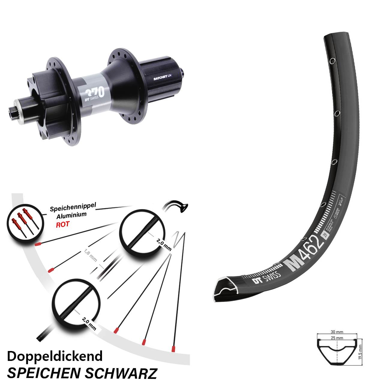 6-Loch Hinterrad 27,5 Zoll DT Swiss M 462 370 8-11 fach HG für Schnellspanner Boost