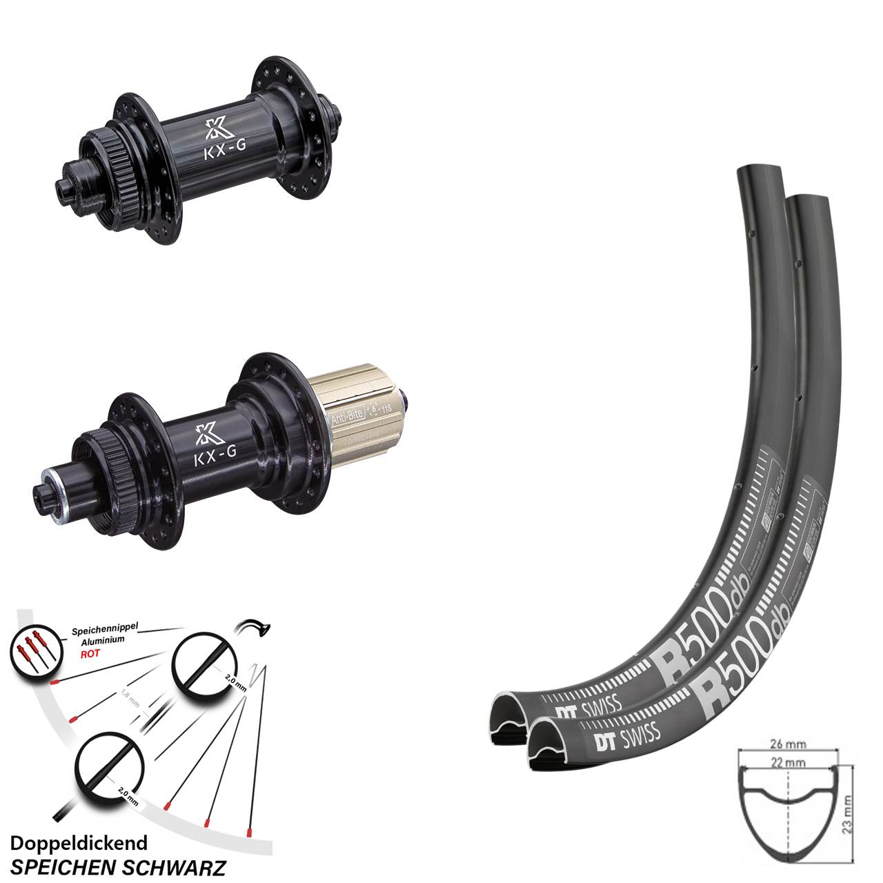 Laufradsatz Road Disc DT Swiss R 500 mit Nabe KX-G Schnellspanner Shimano 8-12 fach
