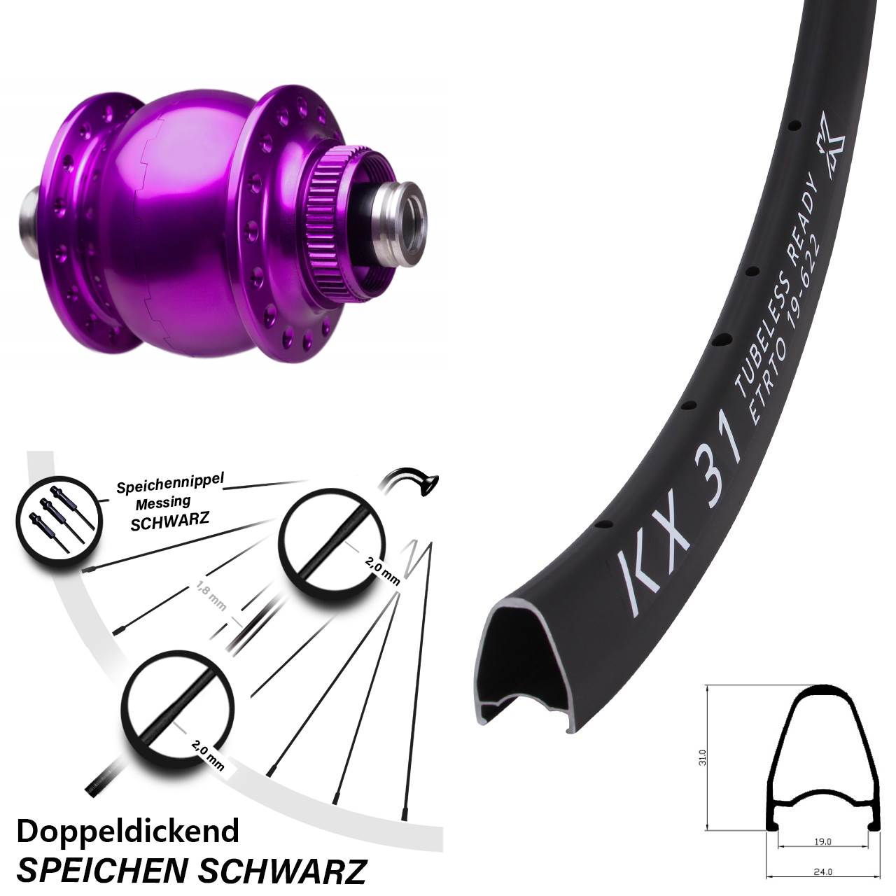 Laufrad 28 Zoll KX 31 Disc SON 28-12x100 Centerlock violett