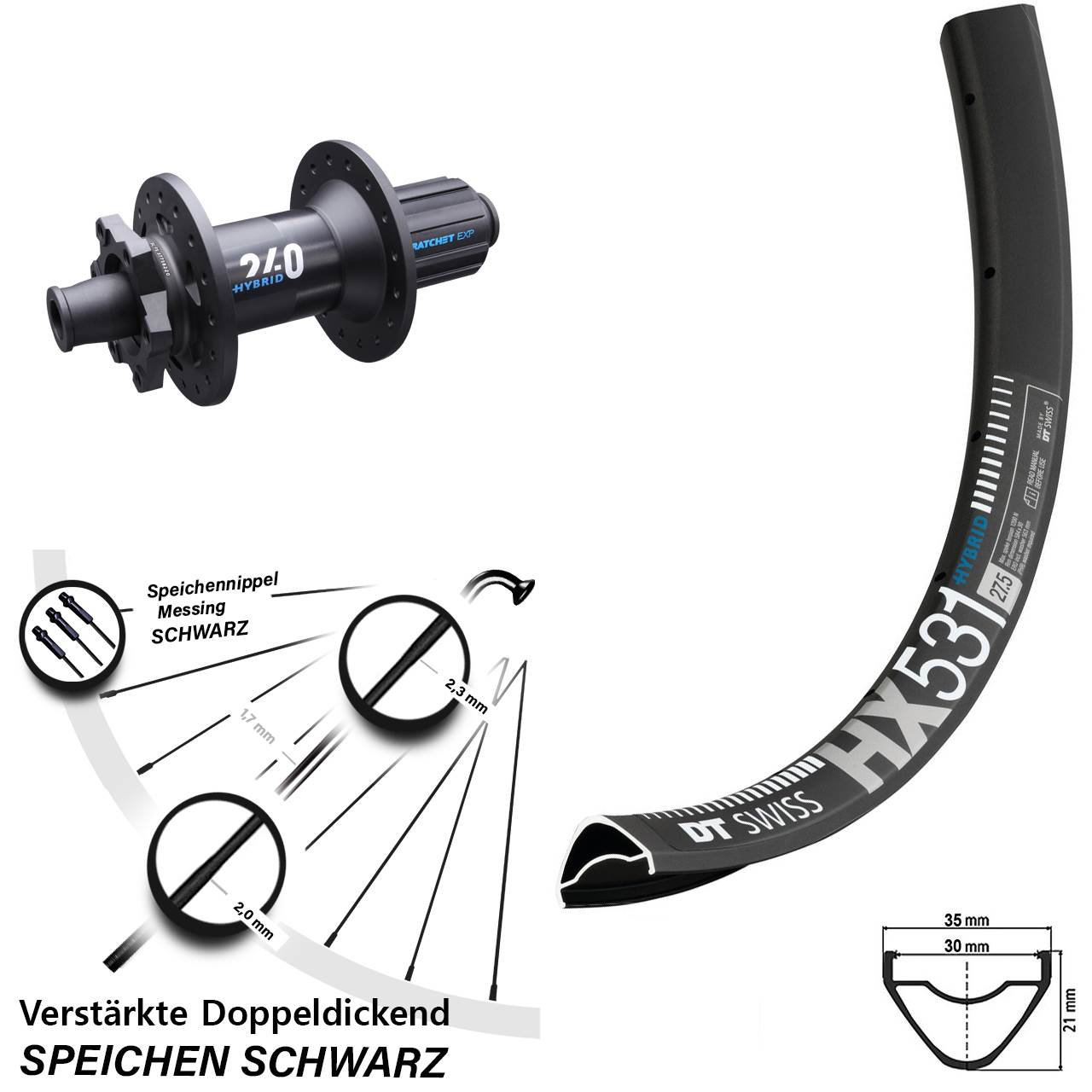 Hinterrad E-Bike 27,5 Zoll HX 531 DT Swiss 240 Hybrid Boost 12x148 mm Shimano HG 8-11 fach