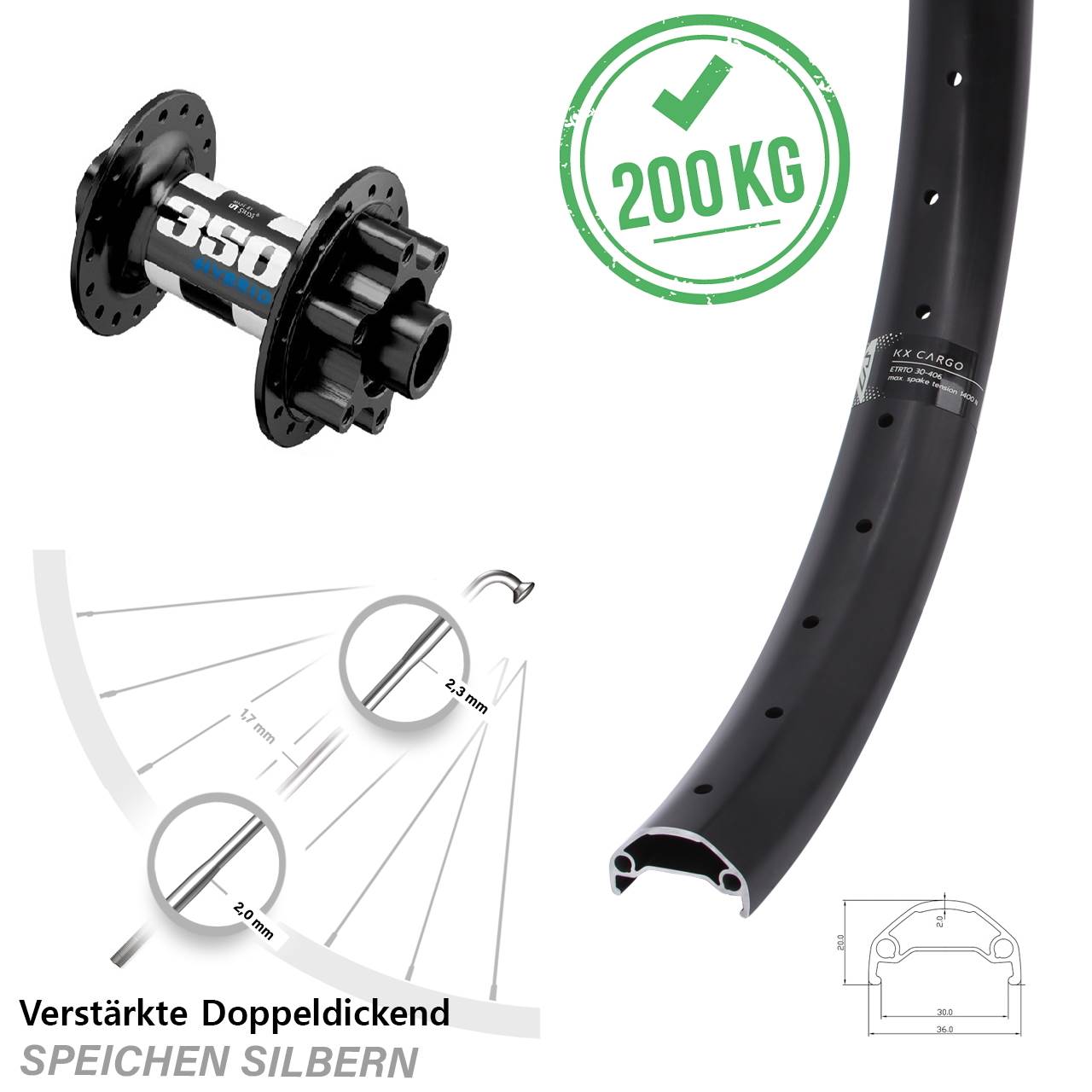 20 Zoll KX Cargo DT Swiss 350 Hybrid Vorderrad 6-Loch Lastenrad 15x110 Boost