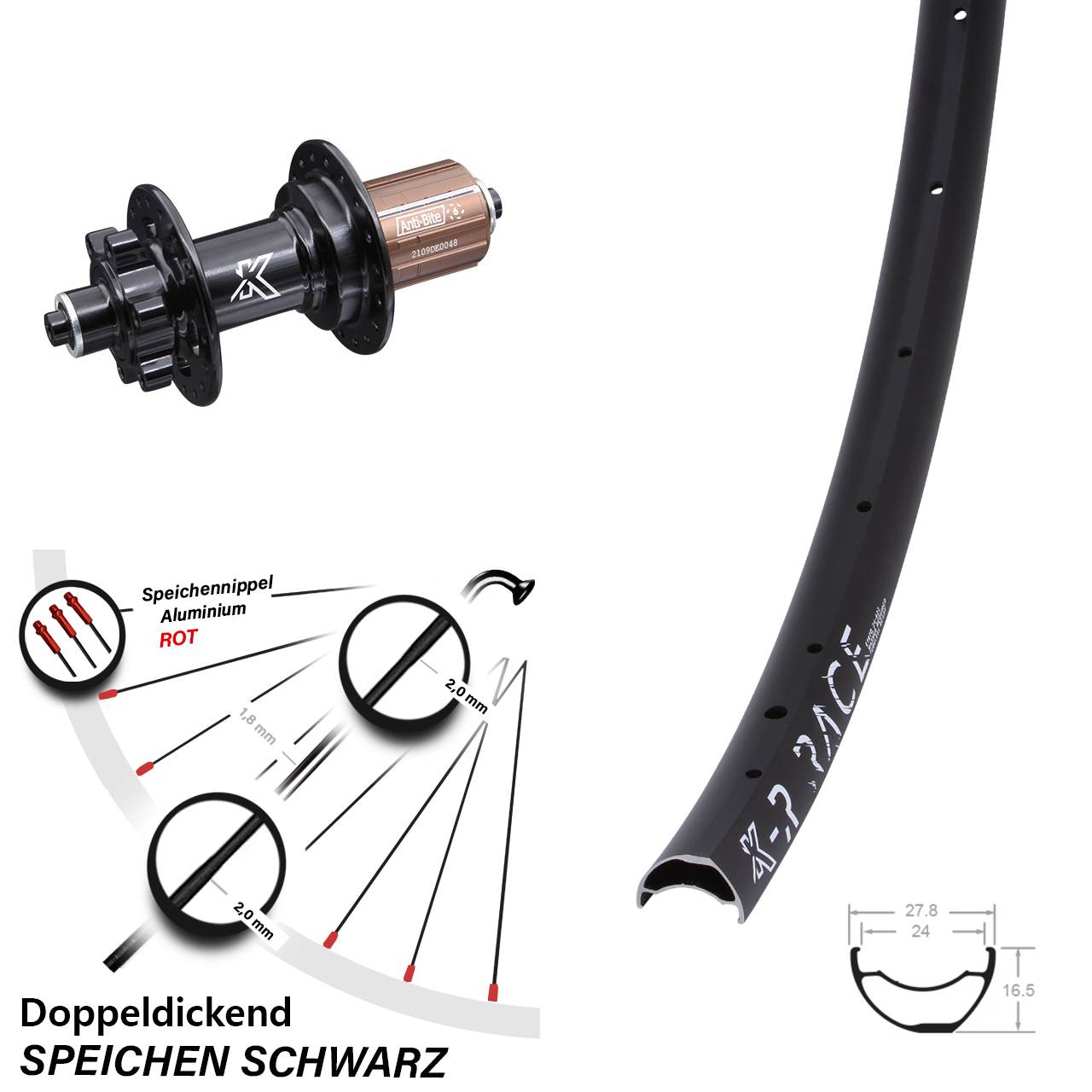 Hinterrad 29 Zoll QR MTB leicht KX-MR Race 24-622 ETRTO