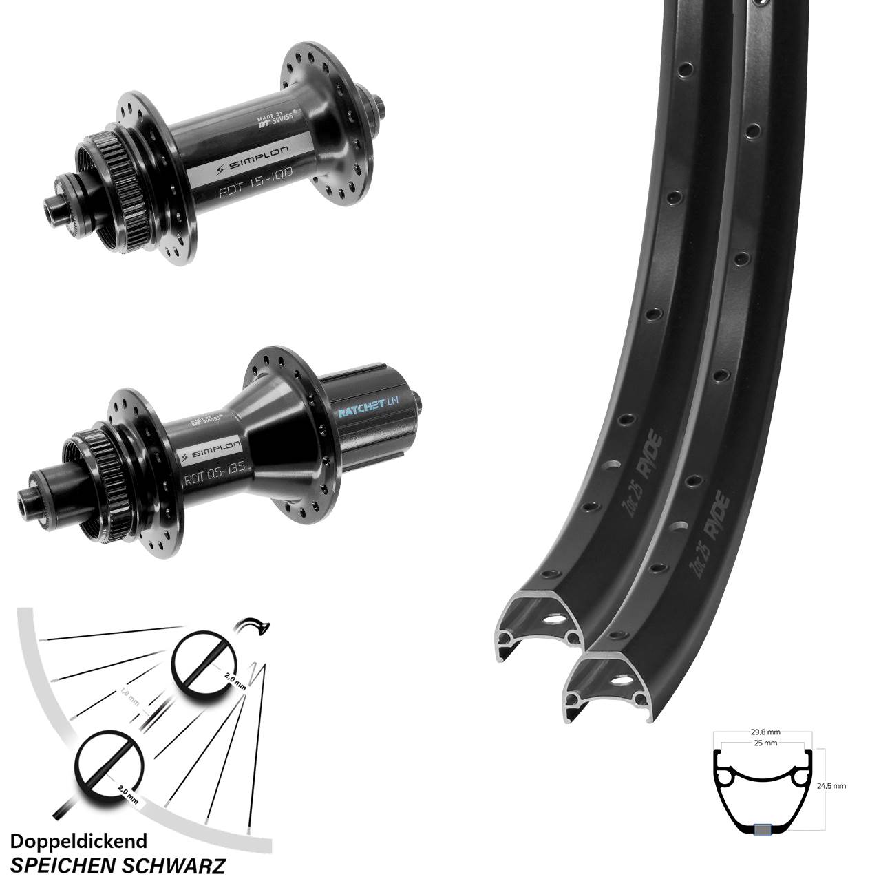 Laufradsatz Centerlock 28 Zoll Ryde ZAC 25 DT Swiss 370 Hybrid 8-11 fach HG für Schnell
