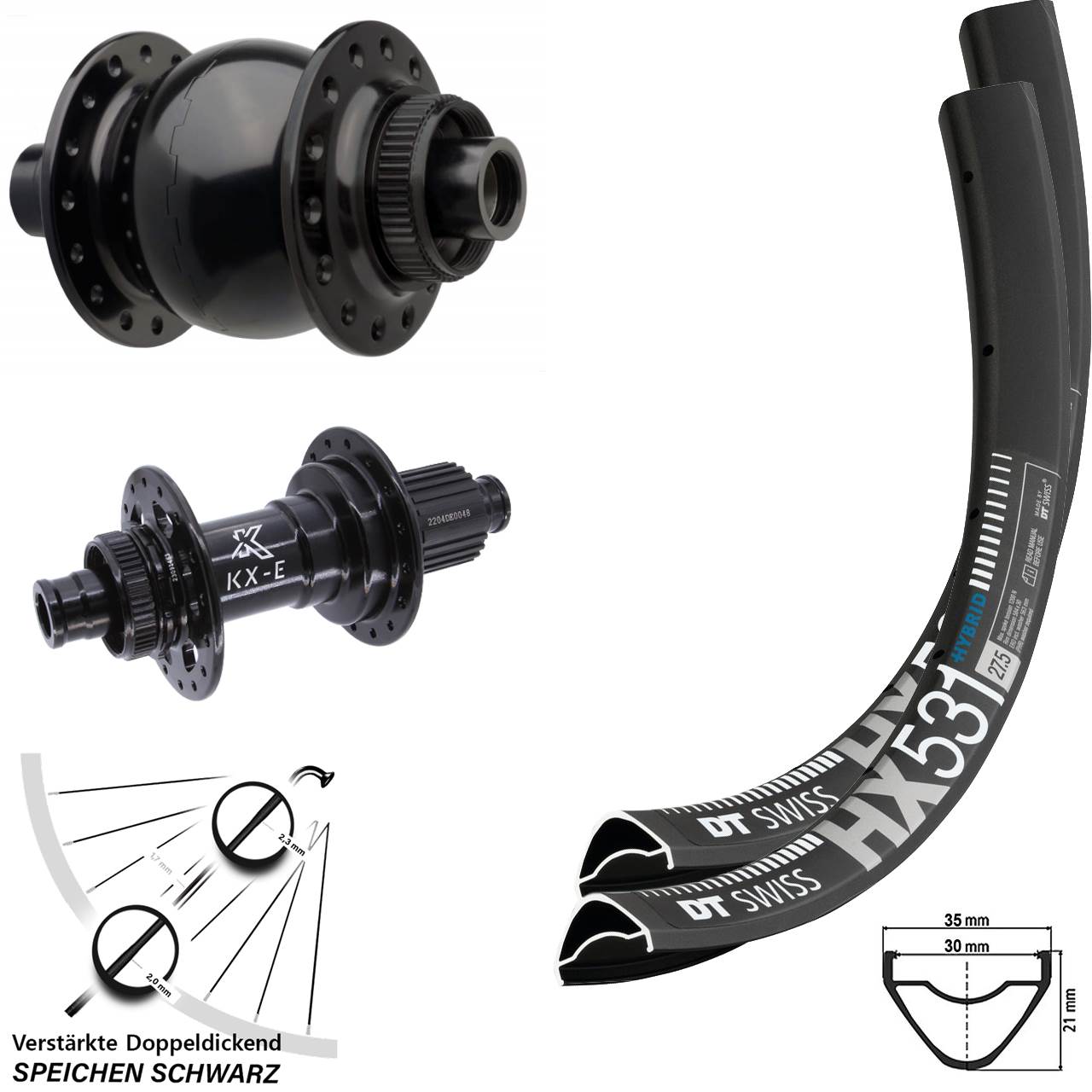 27,5 Zoll DT Swiss HX 531 KX-E Heavy Duty SON 28 Laufrad-Satz 15x110 12x148 Micro Spline