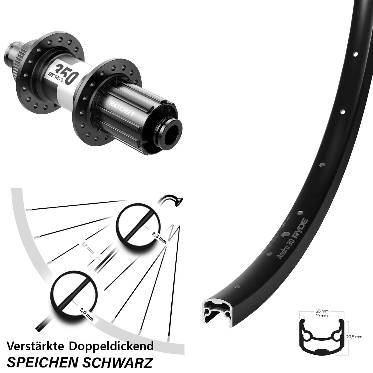 Ryde Andra 30 Disc DT Swiss 350 29 Zoll Hinterrad Centerlock 12x142 8-11 fach