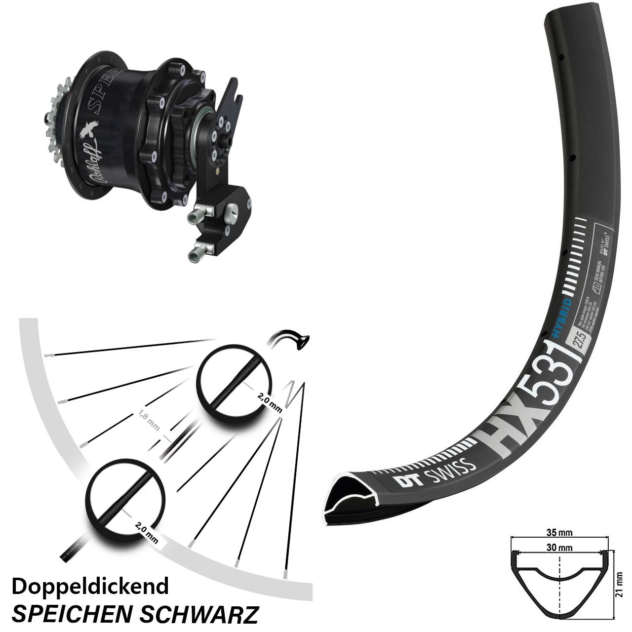 DT Swiss HX531 Rohloff CC DB OEM2 Tandem schwarz 29 Zoll Disc Hinterrrad