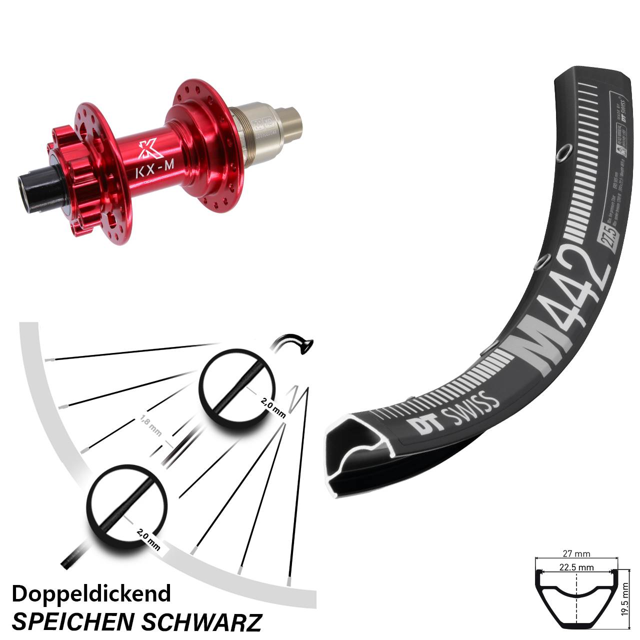 Disc Hinterrad 28-29 Zoll DT Swiss M 442 KX-M rot XD 12x142