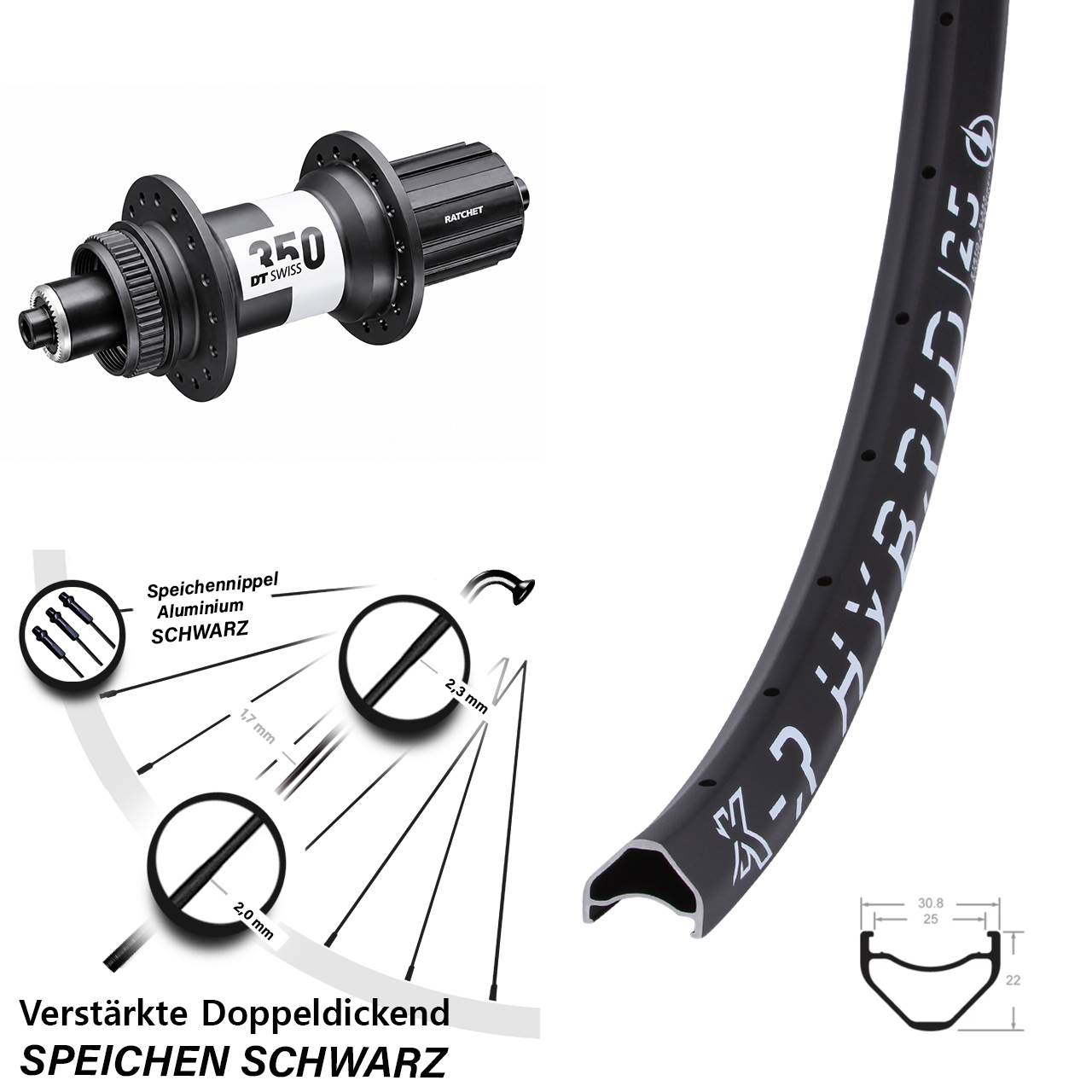 KX-R Hybrid 25 DT Swiss 350 Ratchet 36 28-29 Zoll Disc Laufrad QR 8-11 fach HG