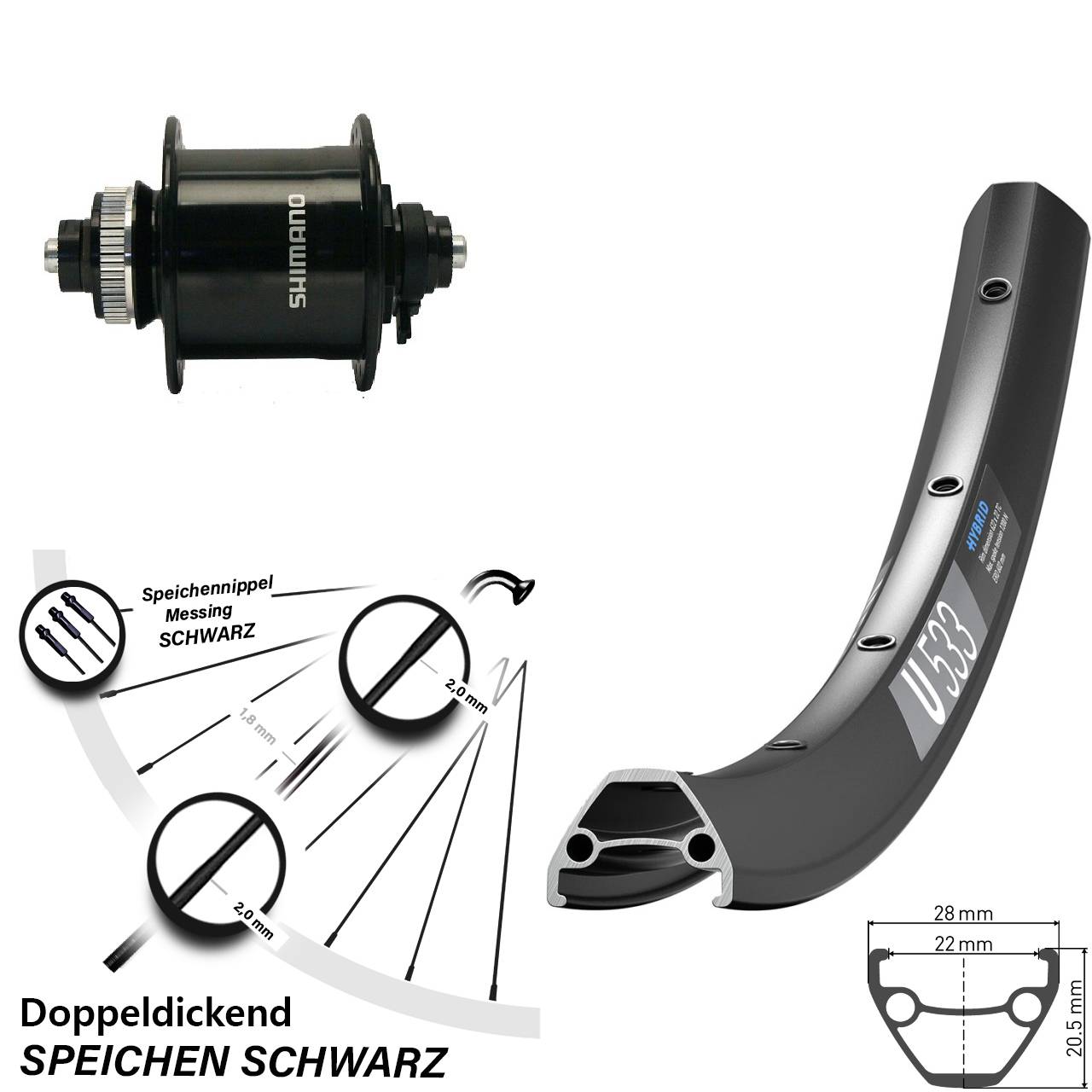 Disc Dynamo-Vorderrad QR 28 Zoll DT Swiss U533 Shimano DH-UR700