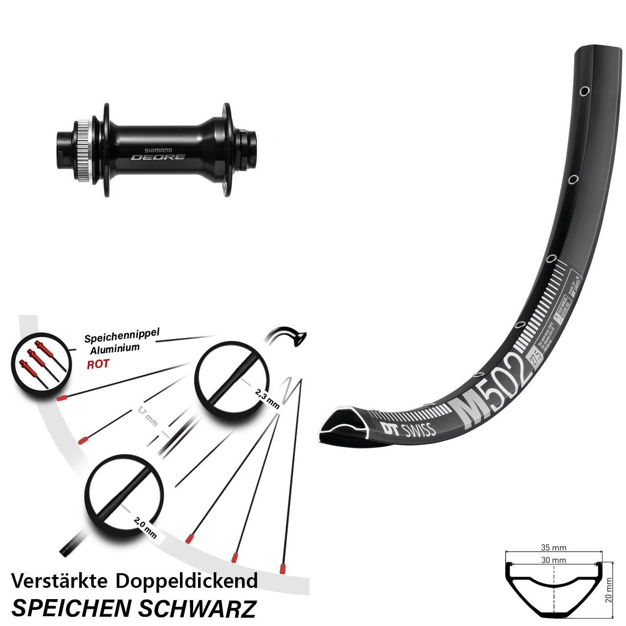 27,5 Zoll DT Swiss M502 Shimano Deore HB-M6010 Disc Laufrad 15x110 Boost