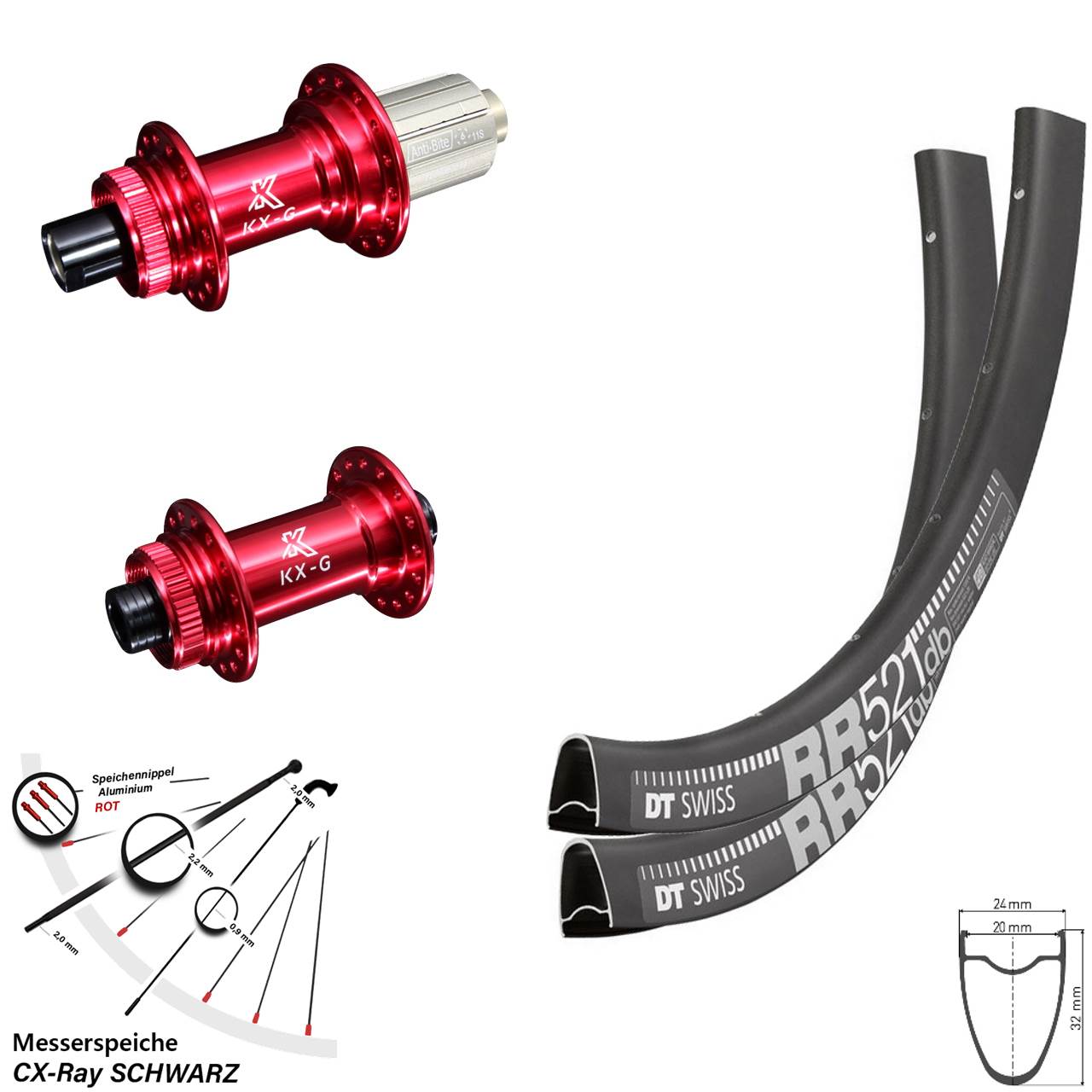 DT Swiss RR 521 KX-G rot 28 Zoll Laufradsatz Centerlock 12x100/142 CX-Ray 8-12 fach HG