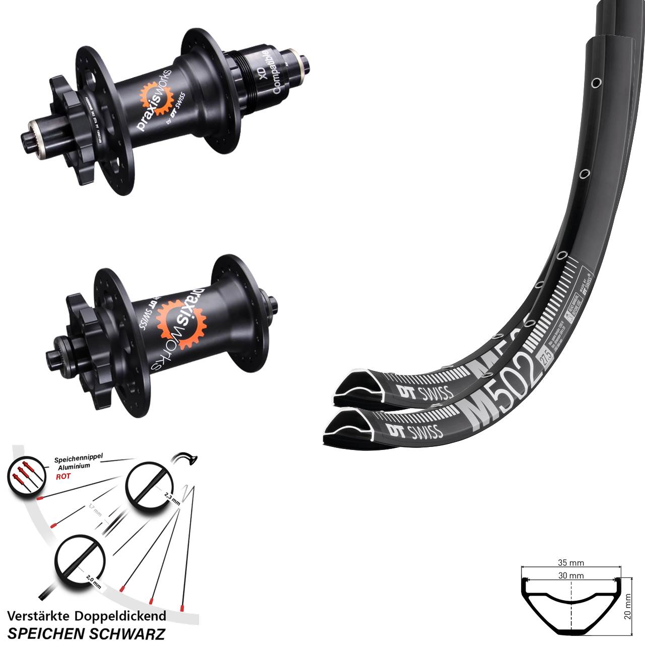 Laufradsatz für Schnellspanner 27,5 Zoll DT Swiss M502-350 QR Disc 6-Loch Sram XD