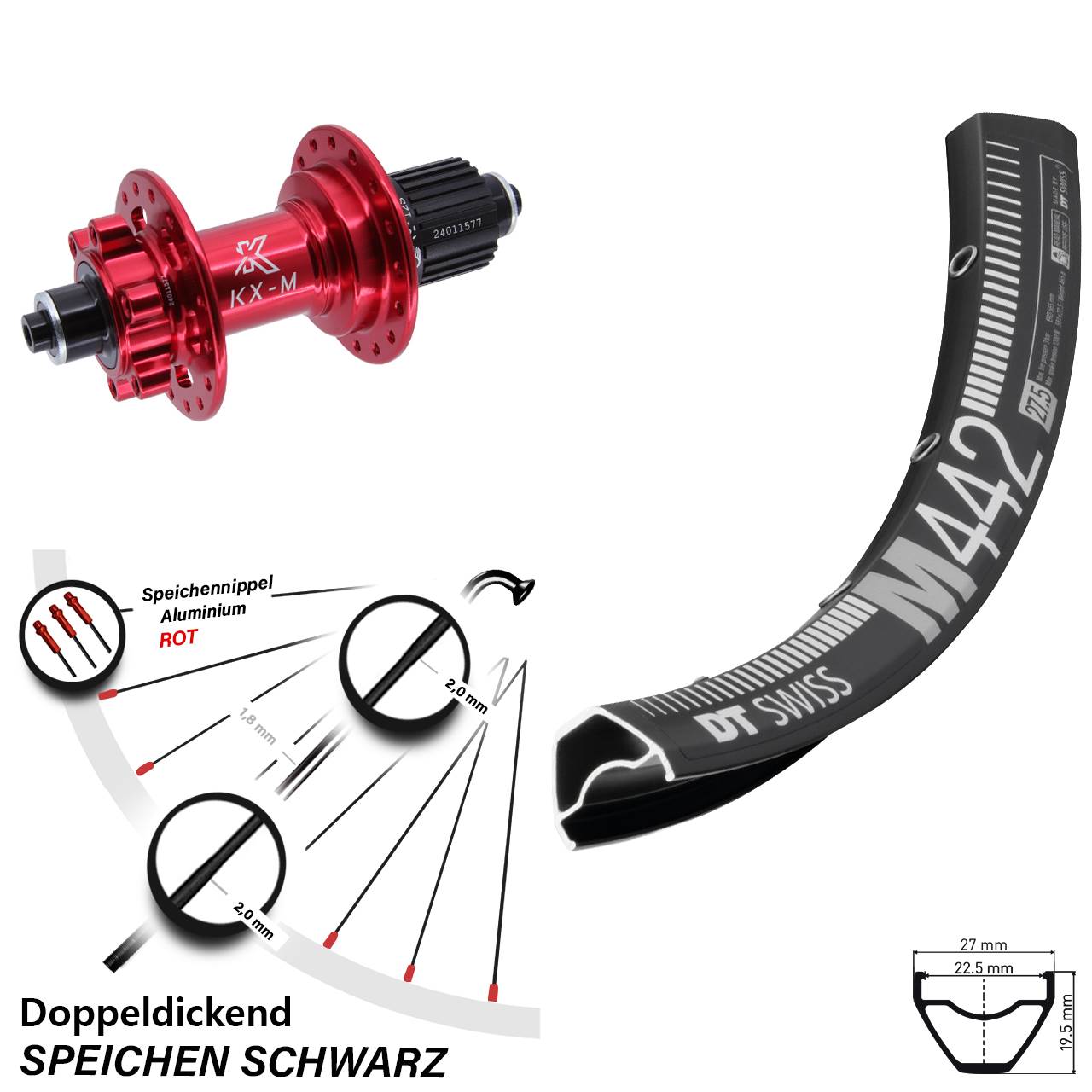 28 Zoll DT Swiss M442 KX-M rot Disc Laufrad für Schnellspanner Shimano Micro Spline