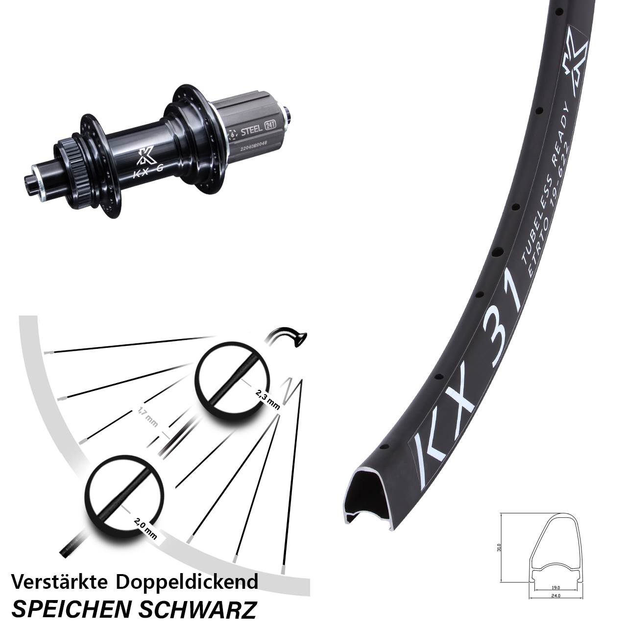 KX 31 Offset Steckachse verstärkt 28 Zoll Hinterrad Schnellspanner 8-12 fach