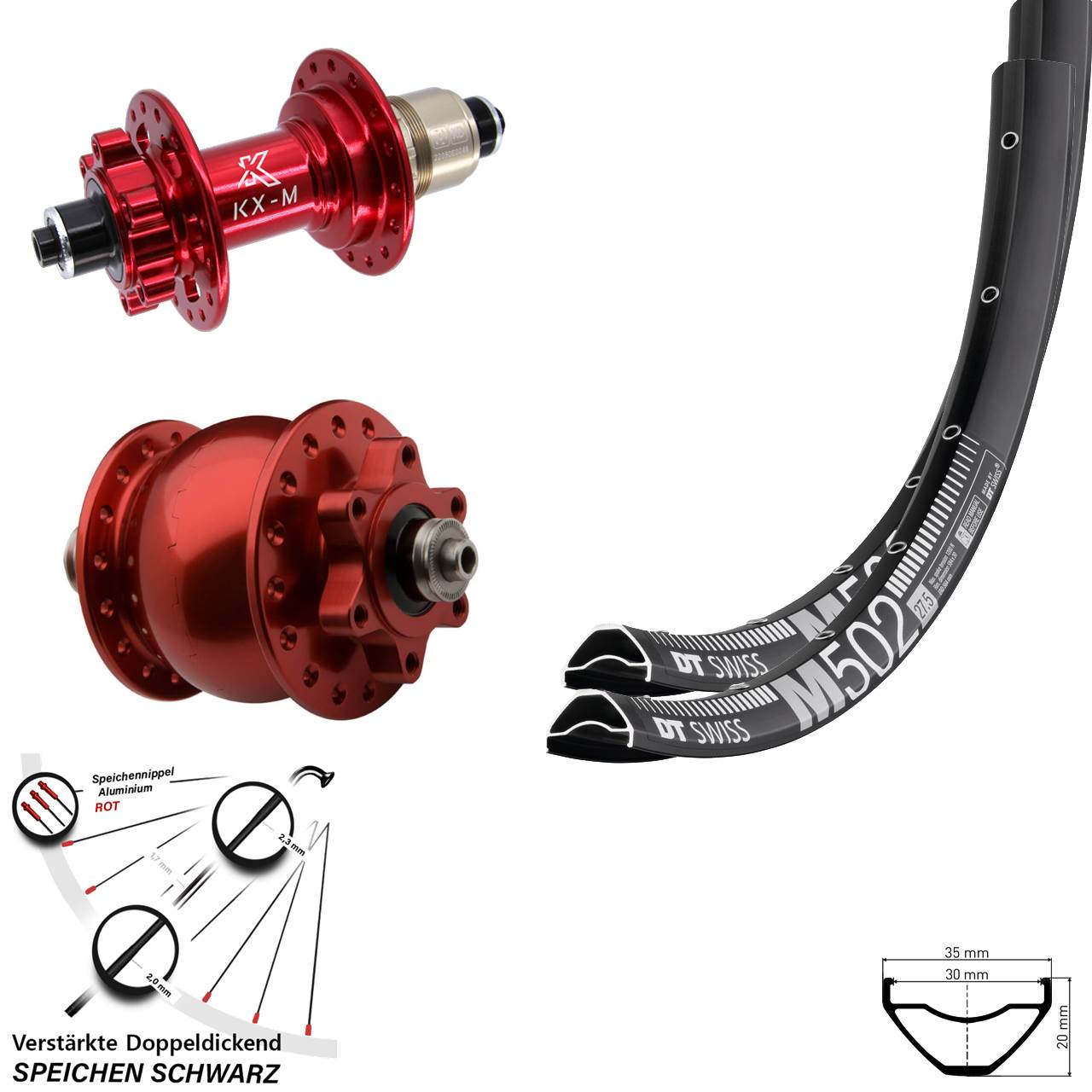 DT Swiss M 502 KX-M rot SON 28 27,5 Zoll 6-Loch Laufradsatz QR XD 11-12 fach