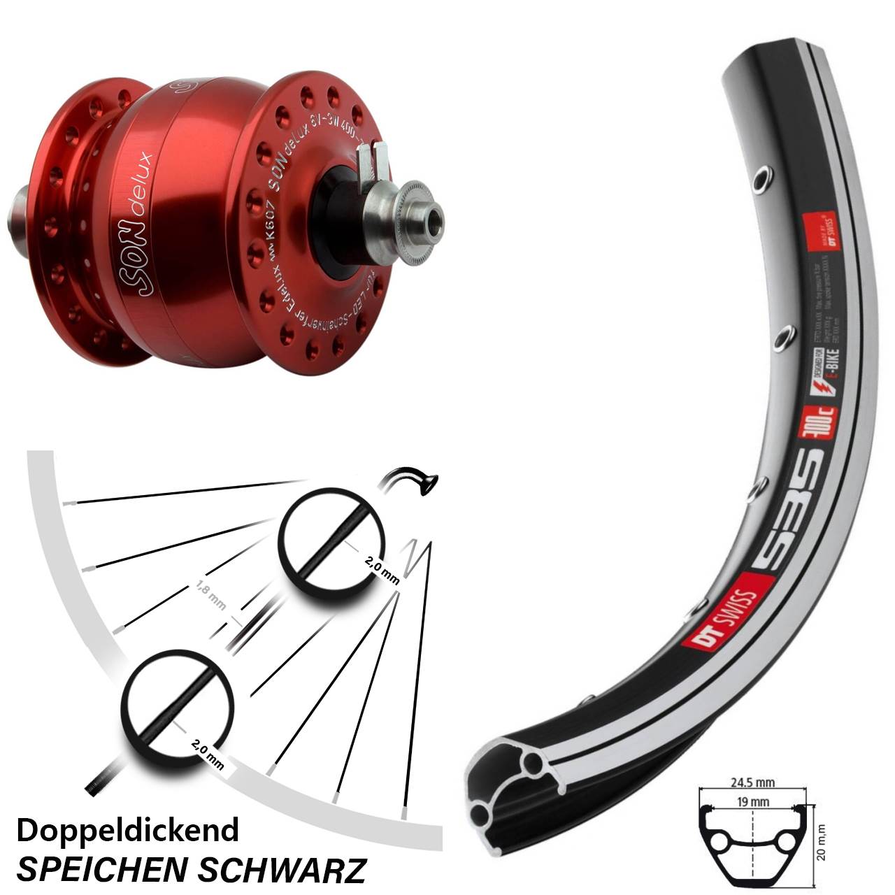 Son delux Felgenbremse QR rot DT Swiss 535 Fahrrad-Laufrad 28 Zoll