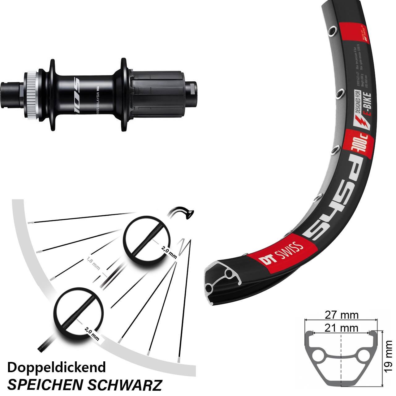 28 Zoll DT Swiss 545 Shimano 105 Disc Hinterrad 12x142 8-12 fach HG
