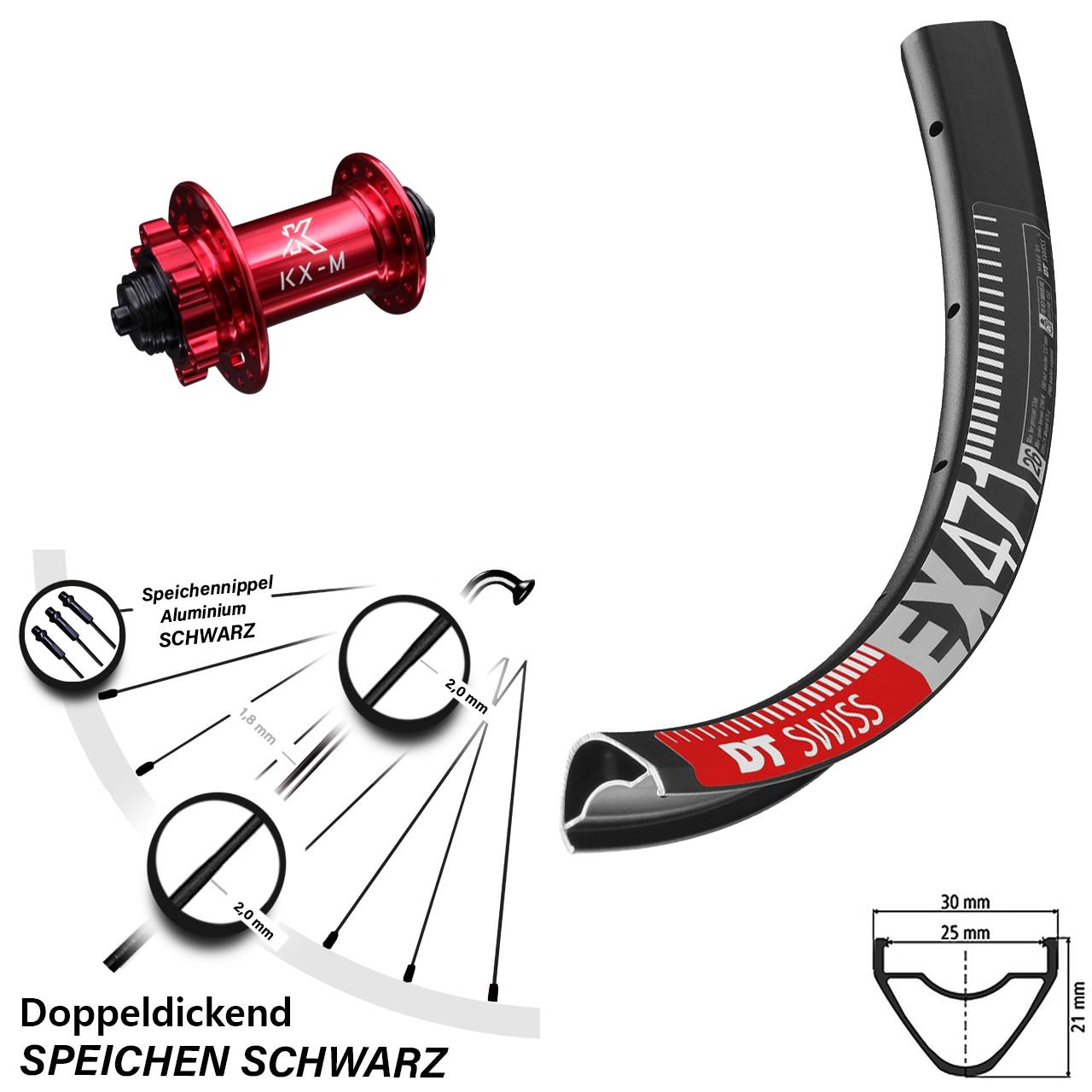Laufrad 26 Zoll DT Swiss EX 471 Disc KX-M 6-Loch 5/100 rot