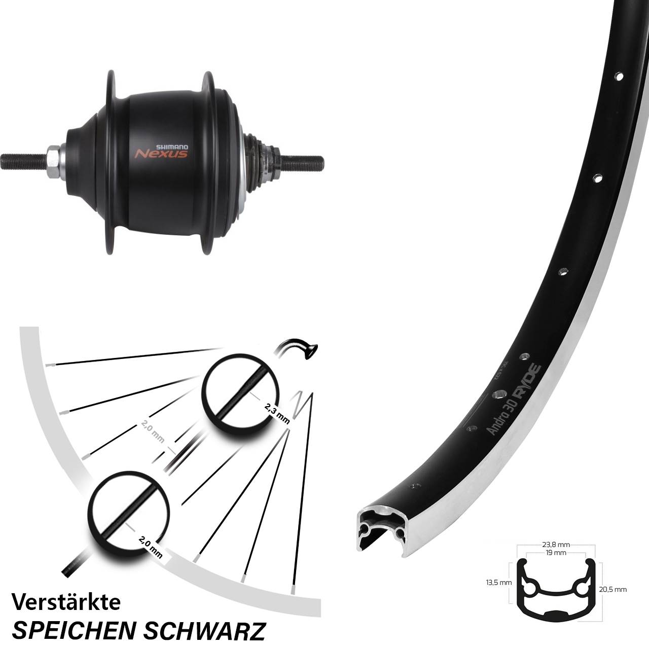 26 Zoll Hinterrad Ryde Andra 30 Shimano Nexus 8 Gang Premium schwarz