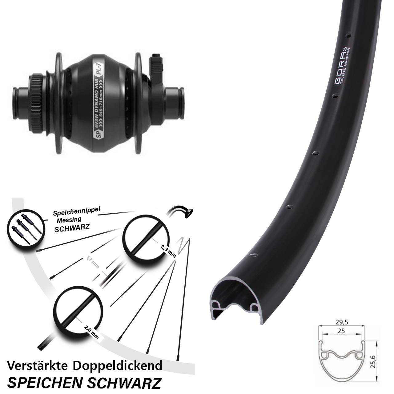 Gora 25 Shutter Precision PL-7 28 Zoll Disc Laufrad mit Nabendynamo 12x100