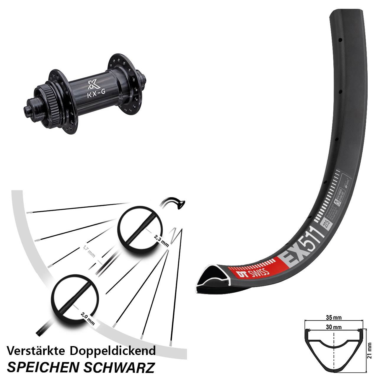 29 Zoll DT Swiss EX511 KX-G Vorderrad Centerlock QR